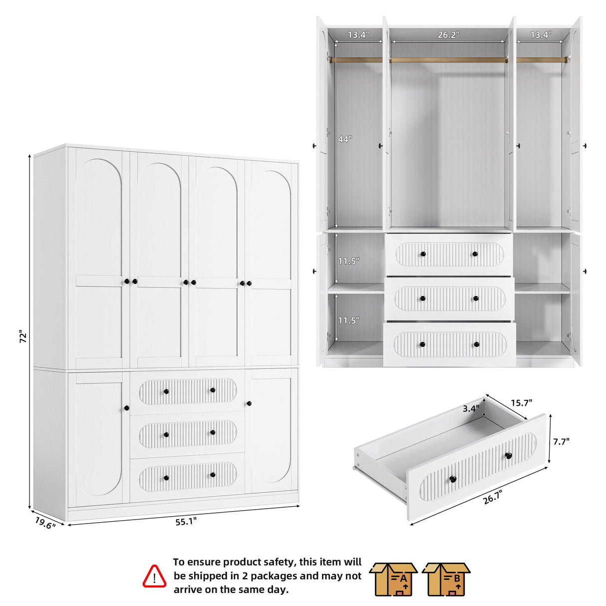 TOKSOM 4 Doors Freestanding Armoire Wardrobe Closet, 72" White Bedroom Wooden Closet Large Capacity Storage Armoire with 3 Drawerse and 3 Hanging Rod Shelves Clothes Organizer TOKSOM