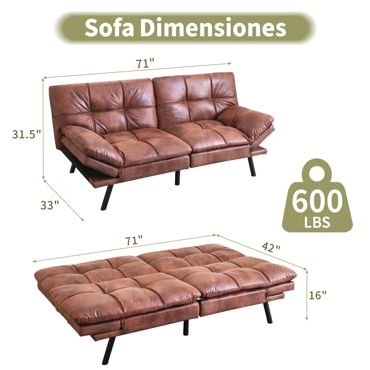 Vipbear 71" Futon Sofa Bed - Convertible Sofa Beds/Adjustable Backrest & Armrest, Comfy Loveseat Sleeper for Small Spaces, Apartments & Offices,Faux Leather Brown Futons Vipbear