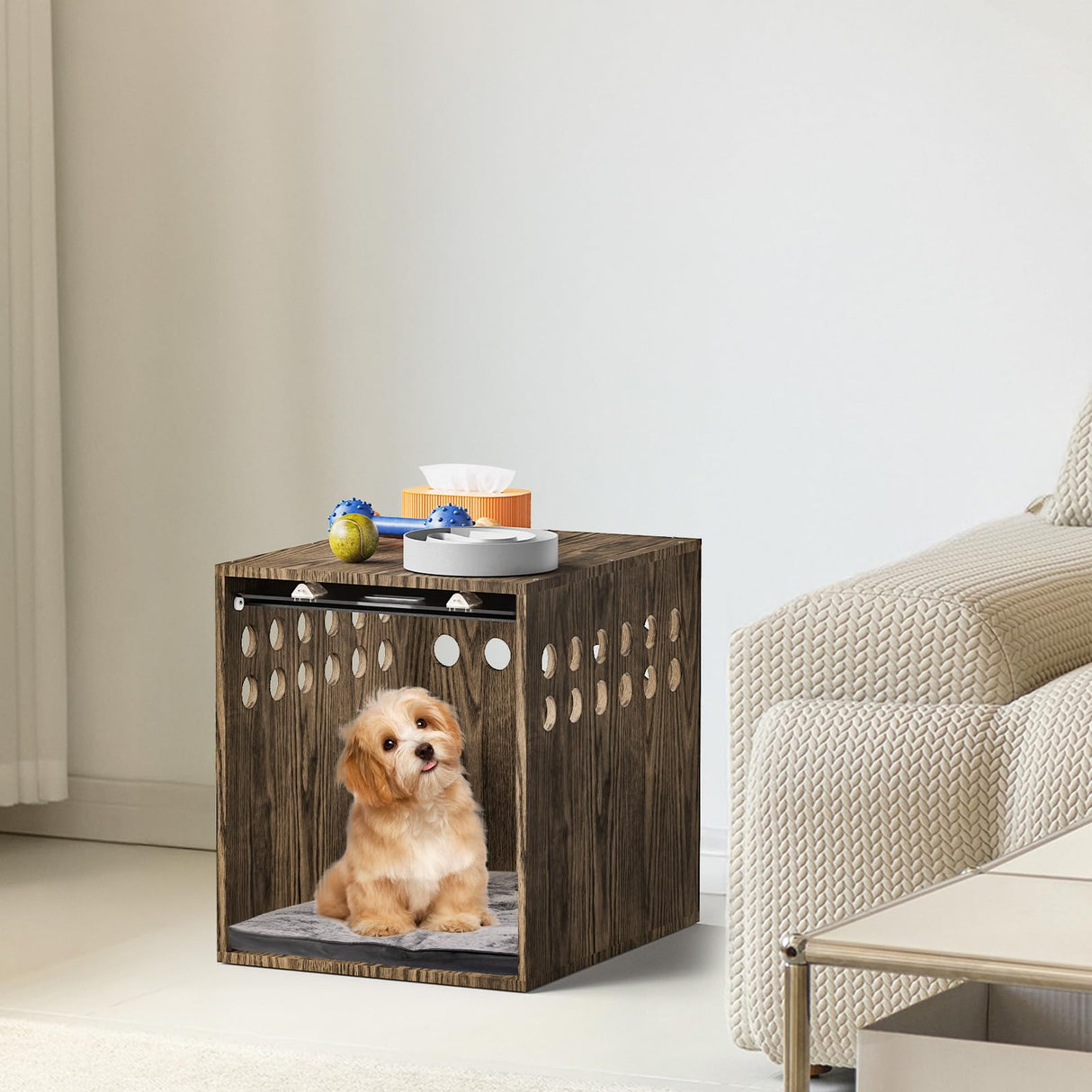 Dog Crate Furniture, SAUCE ZHAN Dog Kennel with Cushion for Small/Medium Dogs, End Side Table Wooden Crate for Pets Indoor, Brown SAUCE ZHAN