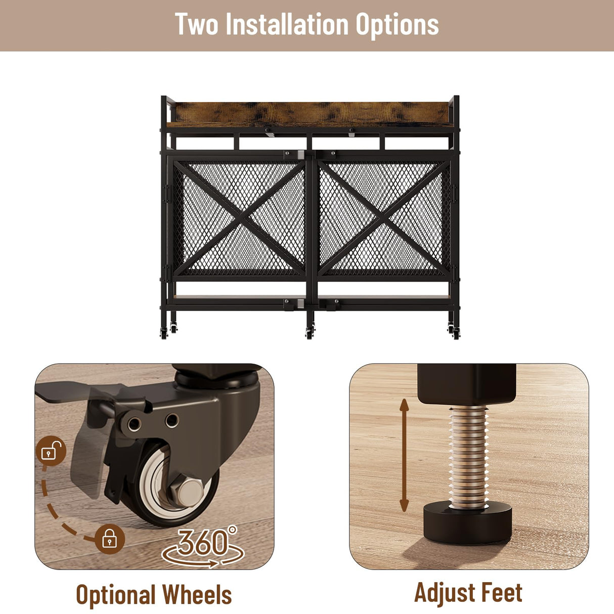 Dog Crate Furniture 48 Inch Wooden Dog Kennel for XLarge Dogs, Heavy Duty Dogs Furniture Indoor Wire Dog Cage with Adjustable Feet & 360° Wheels, Decorative Pet House End Table, Antique Brown COZPAW