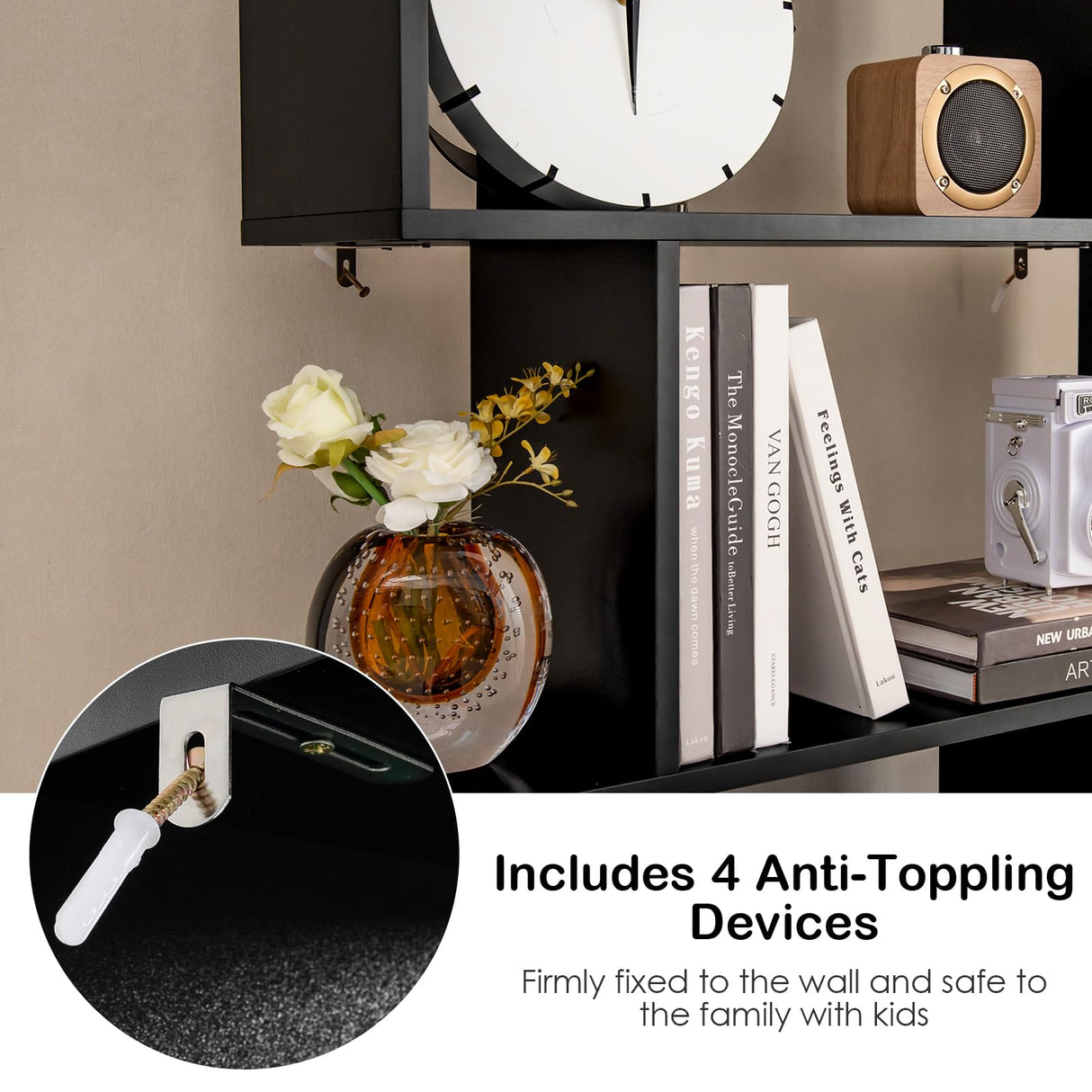 Tangkula Geometric S-Shaped Bookshelf with Cabinet - 6-Tier Freestanding Bookcase in Black for Home & Office Tangkula