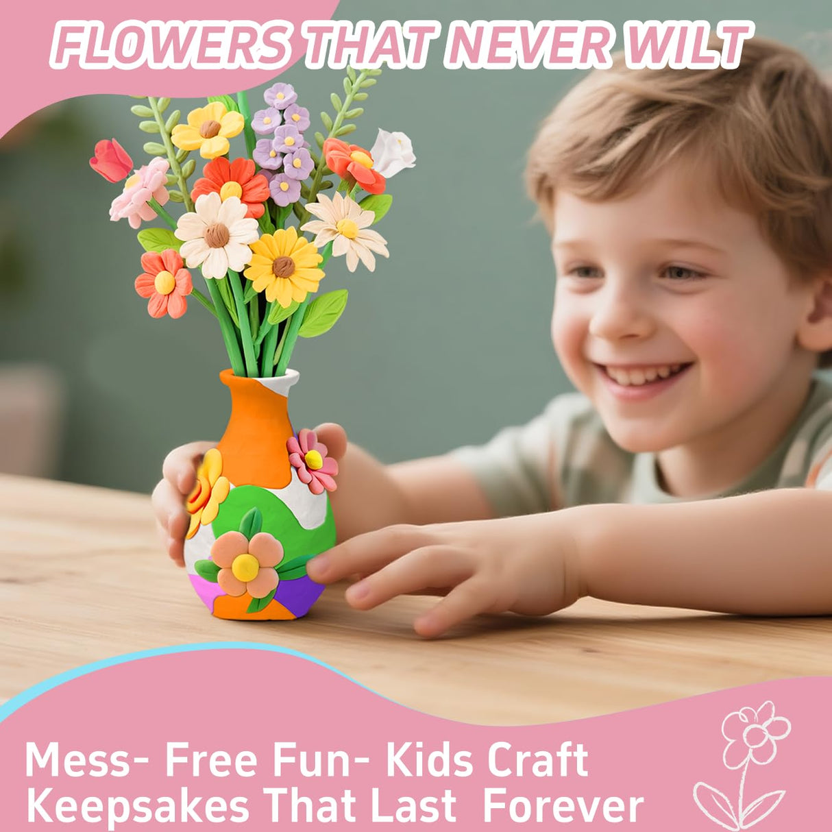 Clay Flower Craft Kit for Kids - Make Your Own DIY Air Dry Bouquet Making Set, Arrange & Create Personalized Art, Perfect Arts & Crafts Gift for Kids, Non-Toxic Modeling Clay with Tools & Guide NOONEAU