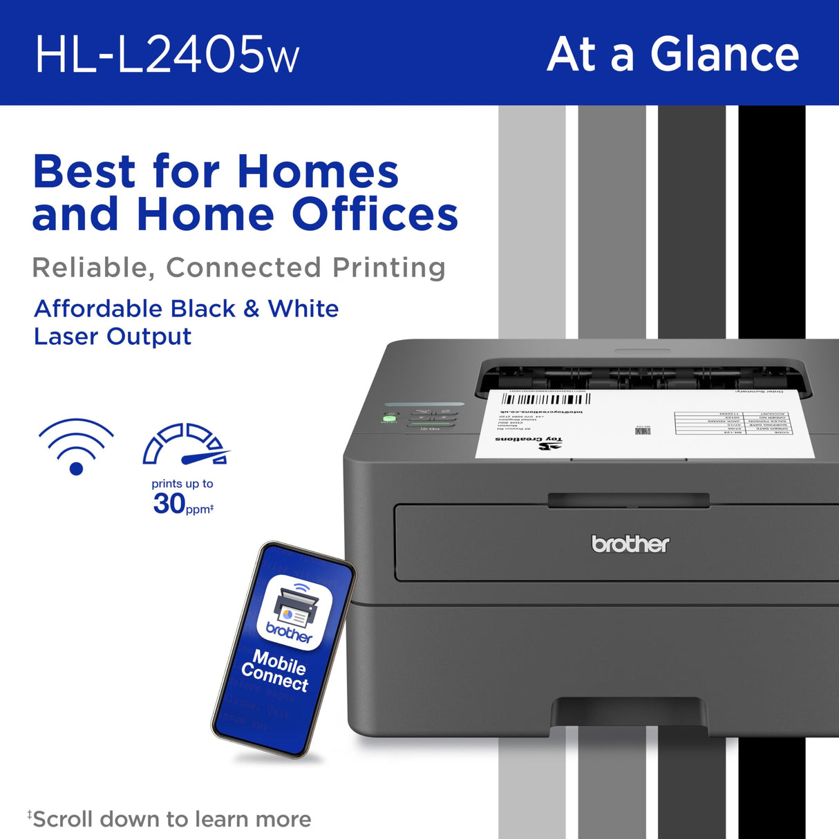Brother HL-L2405W Wireless Compact Monochrome Laser Printer with Mobile Printing, Black & White Output | Includes Refresh Subscription Trial(1), Amazon Dash Replenishment Ready Brother
