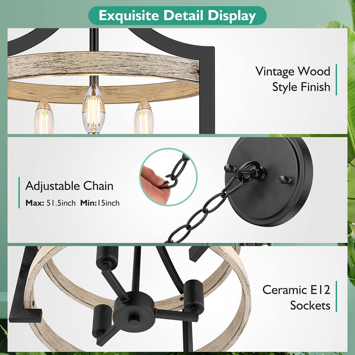 3-Light Rustic Farmhouse Pendant Hanging Light Adjustable Height Max 68in, Convertible Vintage Semi Flush Mount Ceiling Light Fixture Black Metal Chandelier White Birch Wood Finish Kitchen Dining Room BesLowe