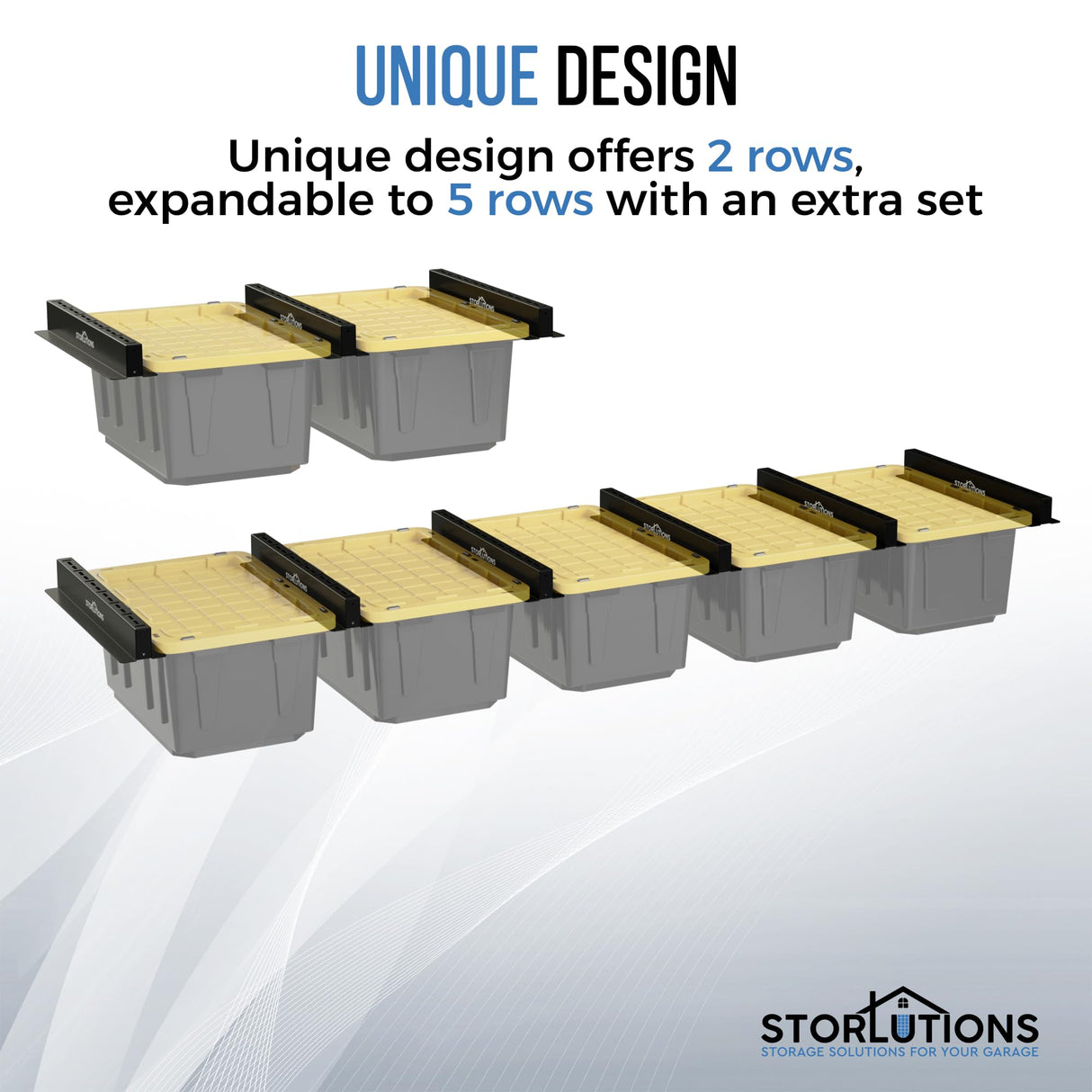 Storlutions Overhead Garage Storage Rack - For 16"-24" Stud Spacing Garage Racks -1.8mm Alloy Steel Garage Overhead Storage Racks - Garage Hanging Storage Rack Expandable to 5 Rows for Storage Bins Storlutions