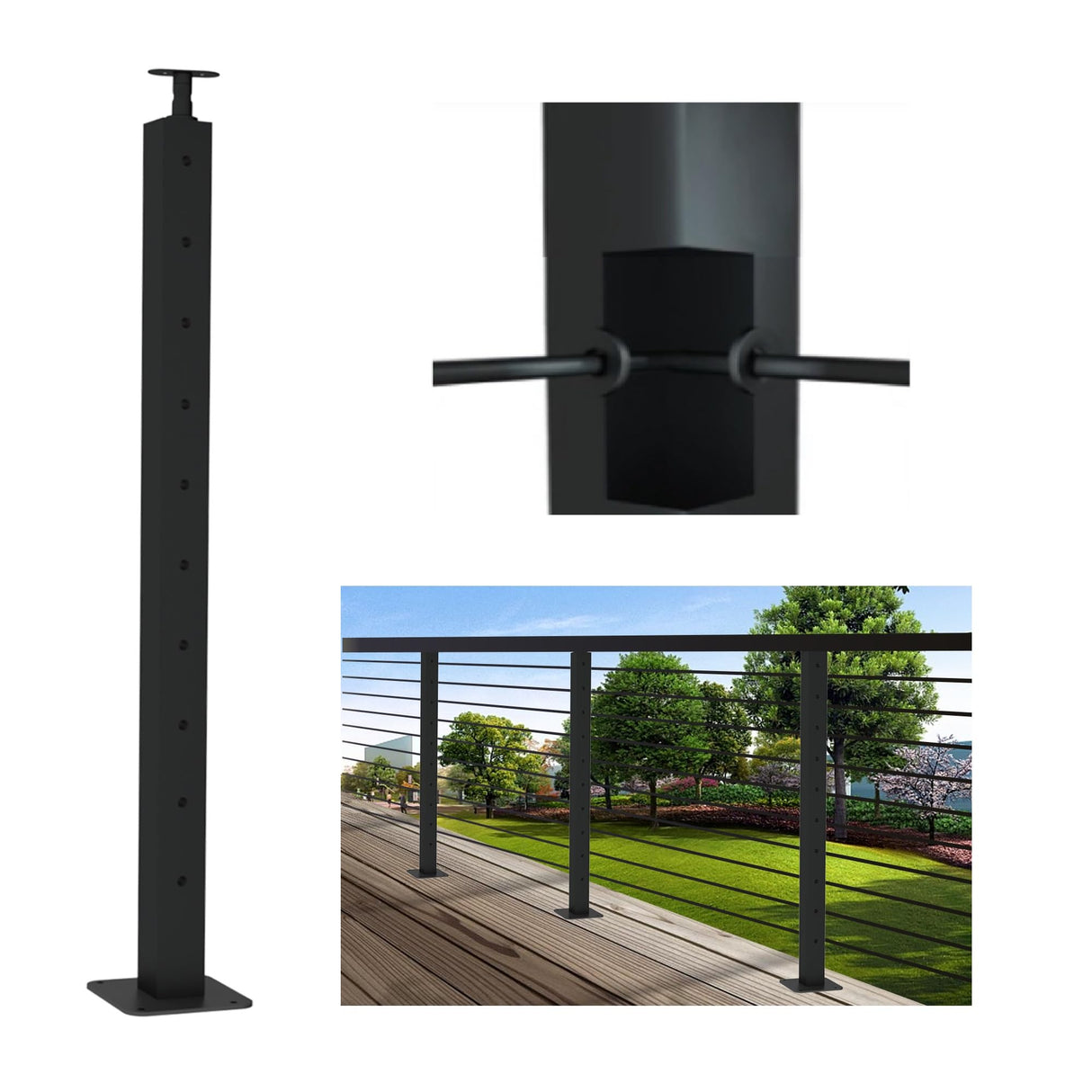 LANGLIER 1 PC Cable Railing Post 36"x2"x2"(Square Column 33") Stainless Steel Black Finish, for Stairs and Deck handrails,can be Installed on Wood or Concrete Floor. (Corner Post, Black) LANGLIER