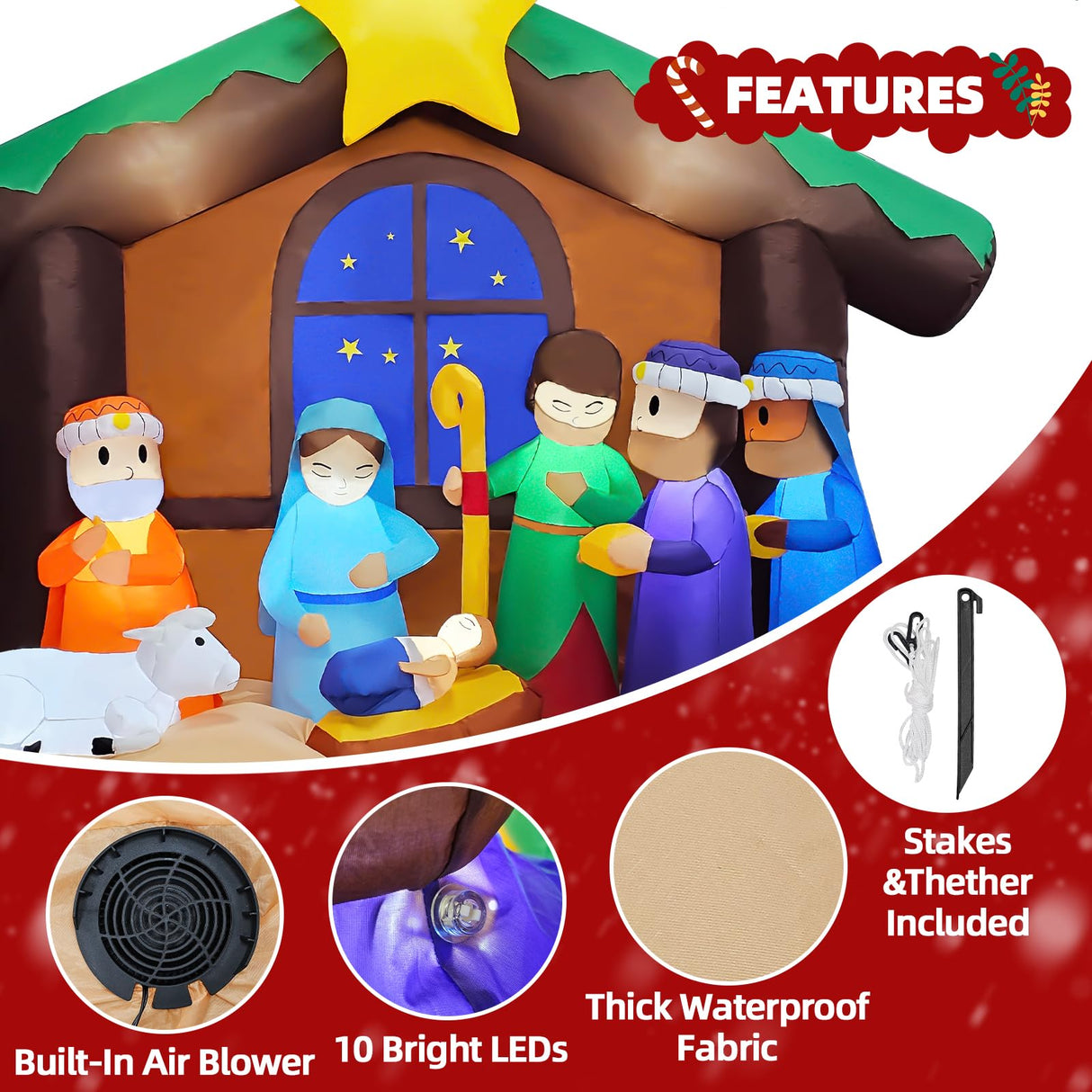 Inflatable Christmas Nativity Scene, 6FT LED Blow Up Christmas Outdoor Decoration Clearance, Lighted Nativity Set Decor for Yard Patio Holiday Xmas Party Poolergetic