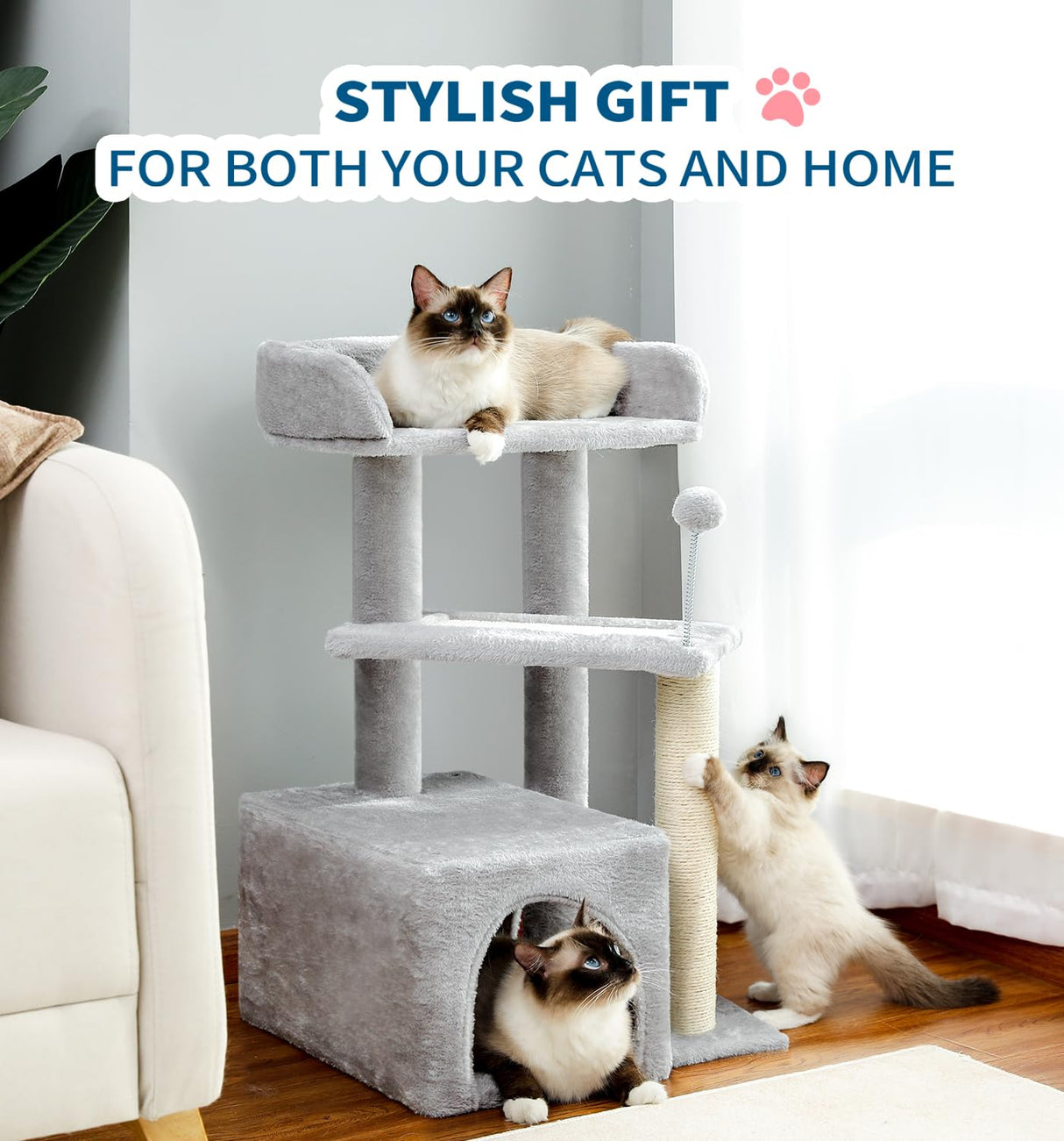 Made4Pets Cat Tree, Carpet Cat Tower Grey for Indoors Cats, Cute Wood Kitty Condo with Scratching Post and Pad, 29" Multi-Level Modern Activity Climbing Furniture for Small and Medium Cats MADE 4 PETS