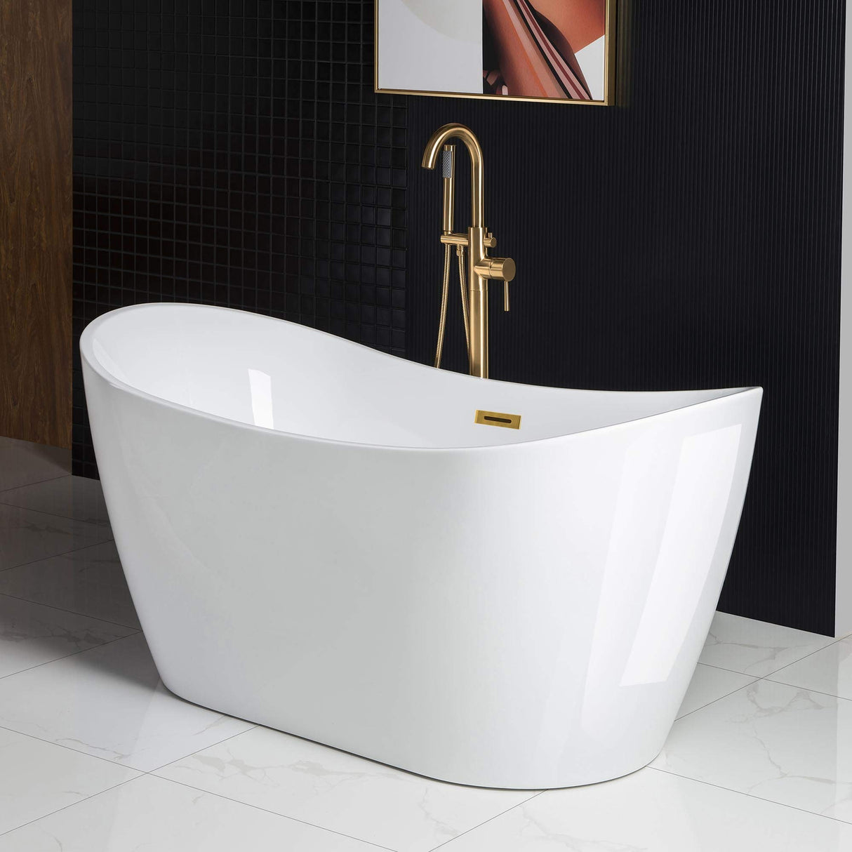 WOODBRIDGE 59" Acrylic Freestanding Bathtub Contemporary Soaking White Tub with Brushed Gold Overflow and Drain,BTA1516-BG-Drain-&O WOODBRIDGE