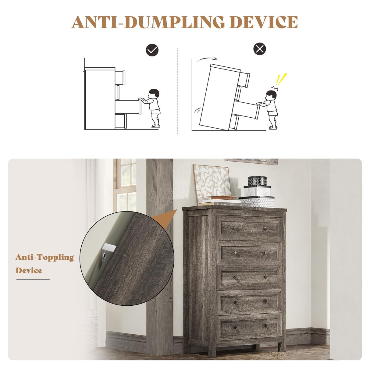 AMERLIFE 5 Drawers Dresser for Bedroom, Farmhouse Wooden 47" Tall Dresser for Closet, Natural Texture Chest of Drawers for Bedroom, Living Room, Hallway and Entryway, Rustic Grey AMERLIFE