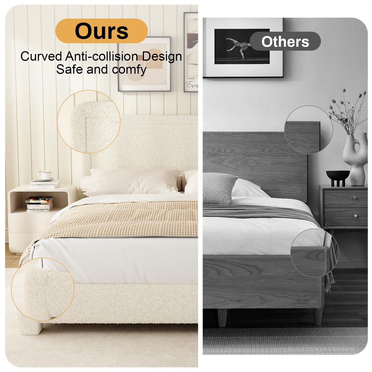 King Size Boucle Bed Frame, Soft Upholstered Cloud Bed Frame with Headboard, Rounded Corners, No Box Spring Required, Adjustable Headboard, Easy Assembly WEUP