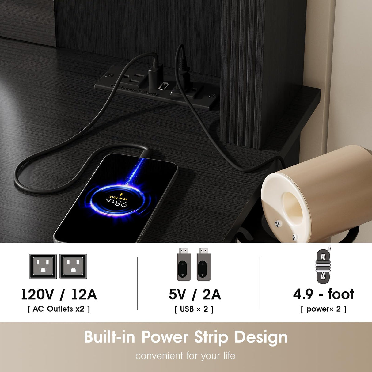 Maupvit Farmhouse Vanity Desk with Mirror and Lights, Makeup Vanity Table with Charging Station, 45" Bedroom Table with 4 Drawers and Cabinets, 3 Lighting Modes, Black Maupvit