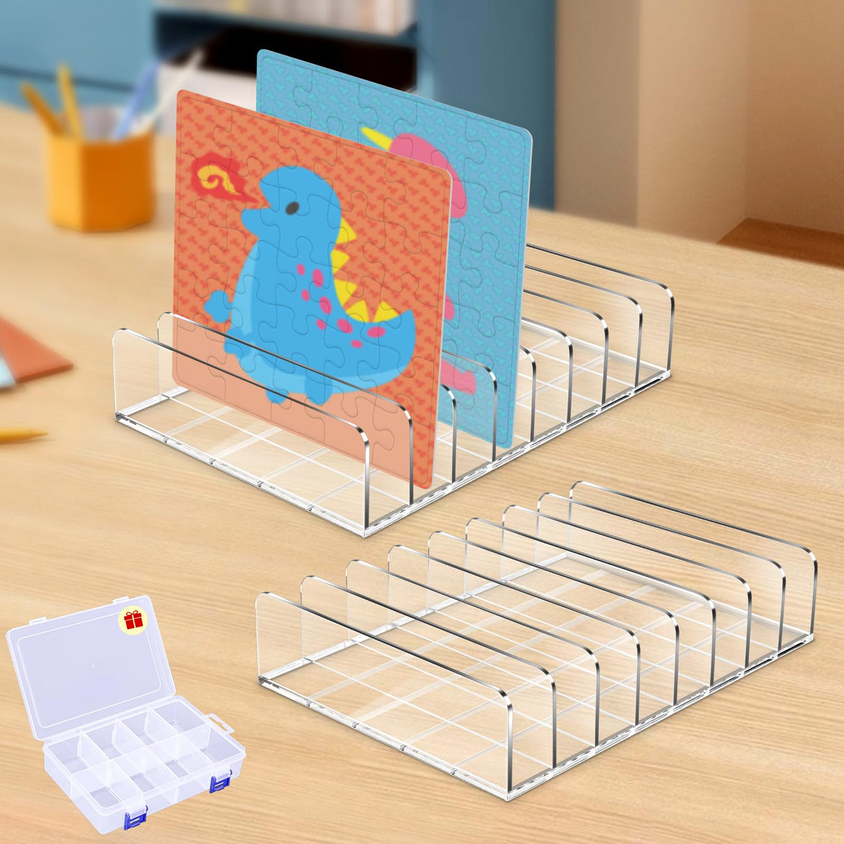 2 Pcs Puzzle Storage Rack with Puzzle Accessories Box, Puzzle Rack Organizer, Puzzle Holder Rack for 8 Small and Large Puzzles, Plastic Model Holder Storage Rack Organizer Creative.C