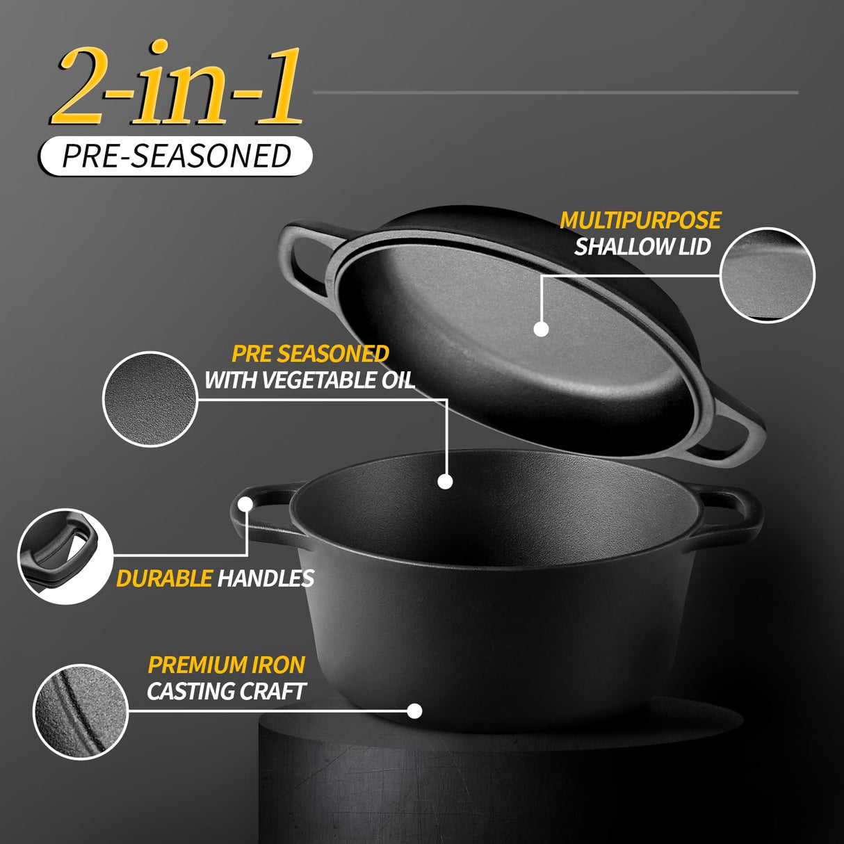EDGING CASTING 2-in-1 Pre-Seasoned Cast Iron Dutch Oven Pot with Skillet Lid Cooking Pan, Cast Iron Skillet Cookware Pan Set with Dual Handles Indoor Outdoor for Bread, Frying, Baking, Camping, BBQ, 5QT EDGING CASTING