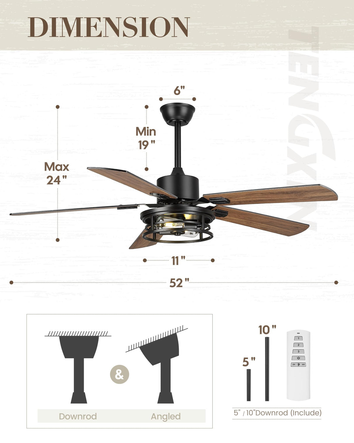 TENGXIN 52 Inch Farmhouse Ceiling Fan - Industrial Ceiling Fans with Light and Remote Control,Matte Black Ceiling Fan with 5 Reversible Blades,TXCF-BK001 TENGXIN