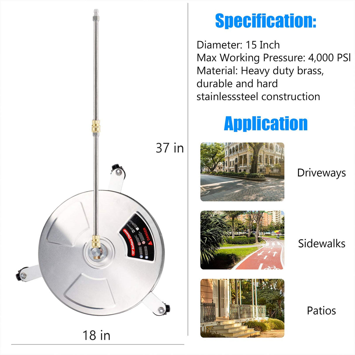 Twinkle Star 15" High Pressure Washer Surface Cleaner with 3 Wheels, Stainless Steel Housing & 1/4" Quick Connector, Power Washer Accessories; 2 Extension Wand, 2 Replacement Nozzles, 4000 PSI Twinkle Star