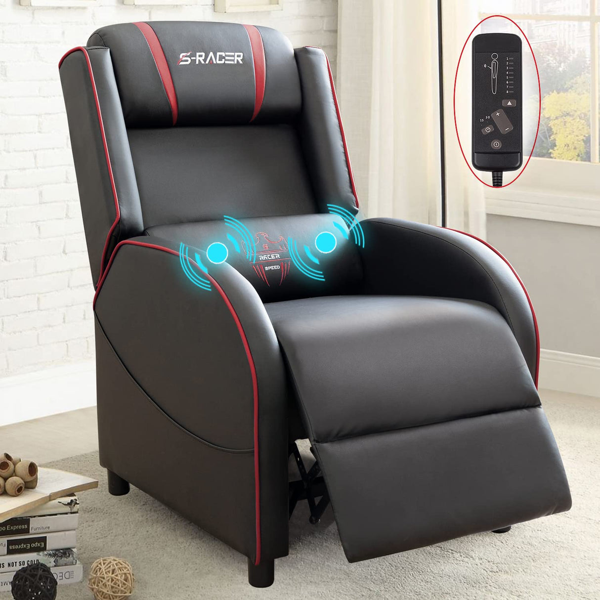Homall Gaming Massage Recliner Chair Racing Style Single Living Room Sofa Recliner PU Leather Recliner Seat Comfortable Ergonomic Home Theater Seating (Red) Homall
