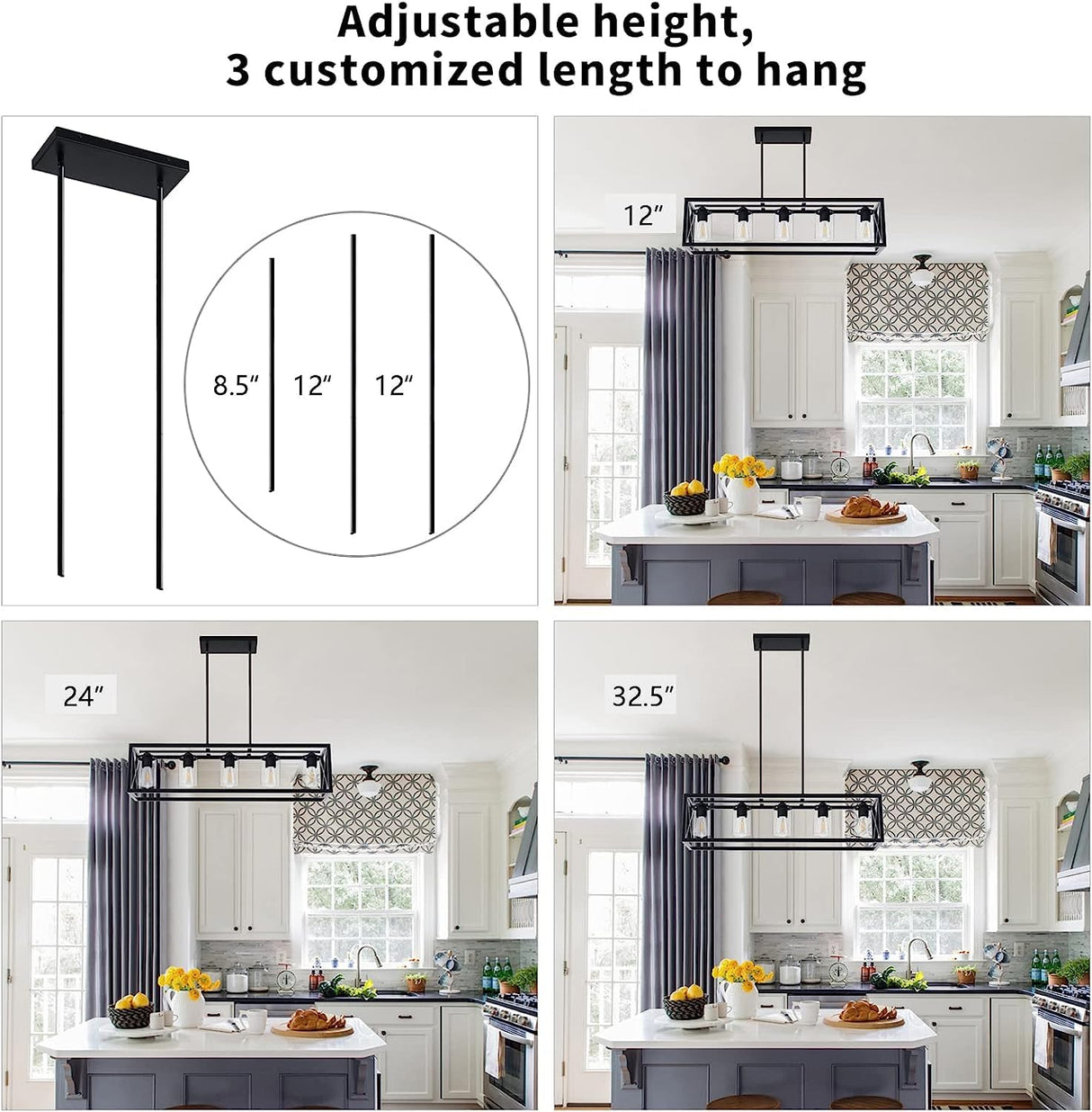 Espird Farmhouse Dining Room Light Fixture - 5 Light Matte Black Rectangle Light Fixture with Adjustable Height & Thickened Metal Dining Table Fixture Chandeliers for Dining Room&Kitchen Island Espird