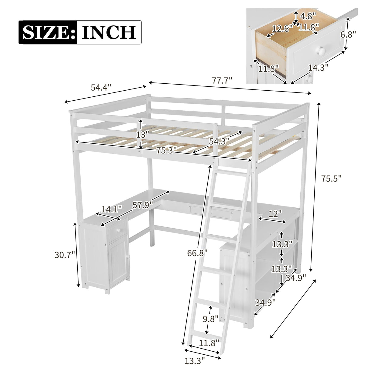 Harper & Bright Designs Full Size Loft Bed with U-Shaped Desk, Wood Full Loft Bed Frame with Cabinet, Drawers and Storage Shelves, High Loft Bed Frame Full, White Harper & Bright Designs