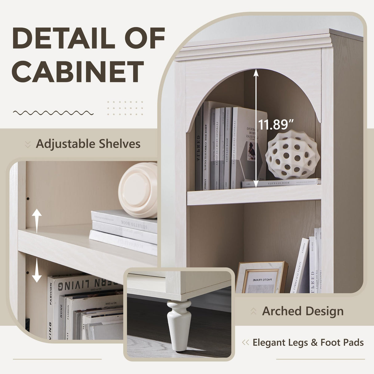 IFGET 76" Tall Arched Bookcase, Farmhouse 5 Tiers Narrow Arched Bookshelf Cabinet with Adjustable Shelves, Modern Wooden Book Shelf w/Storage and Open Display Shelves for Living Room, Office-Cream IFGET