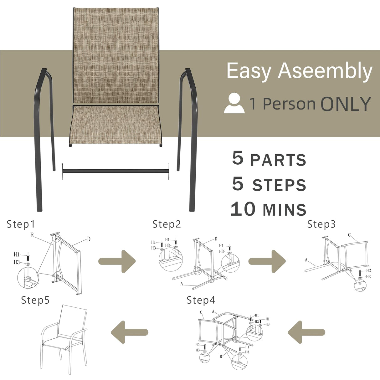 AECOJOY 5 Piece Patio Table and Chair Set for 4, Outdoor Dining Set Includes 51.2" Rectangle Table with 1.73" Umbrella Hole, 4 Stackable Textilene Chairs, for Garden, Backyard and Poolside, Dark Gray AECOJOY
