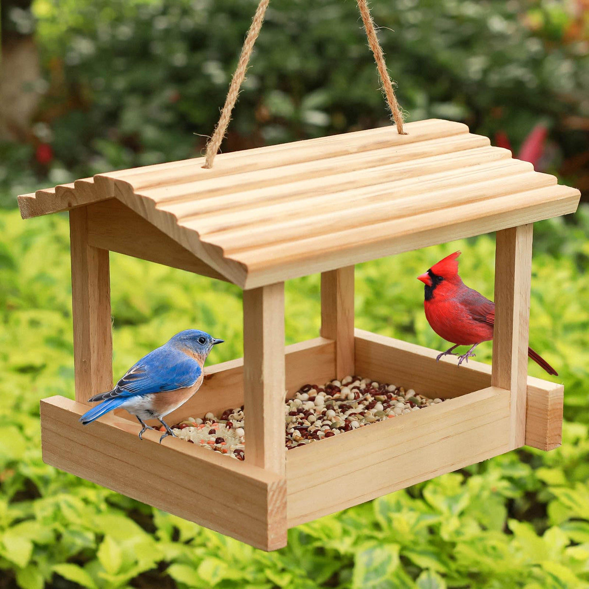 STARSWR Bird Feeders for Outside Hanging, Wild Bird Feeder House for Cardinals Finches Wooden Bluebird Feeder Mealworm Feeder Outdoor Wood Platform Bird House Feeder STARSWR