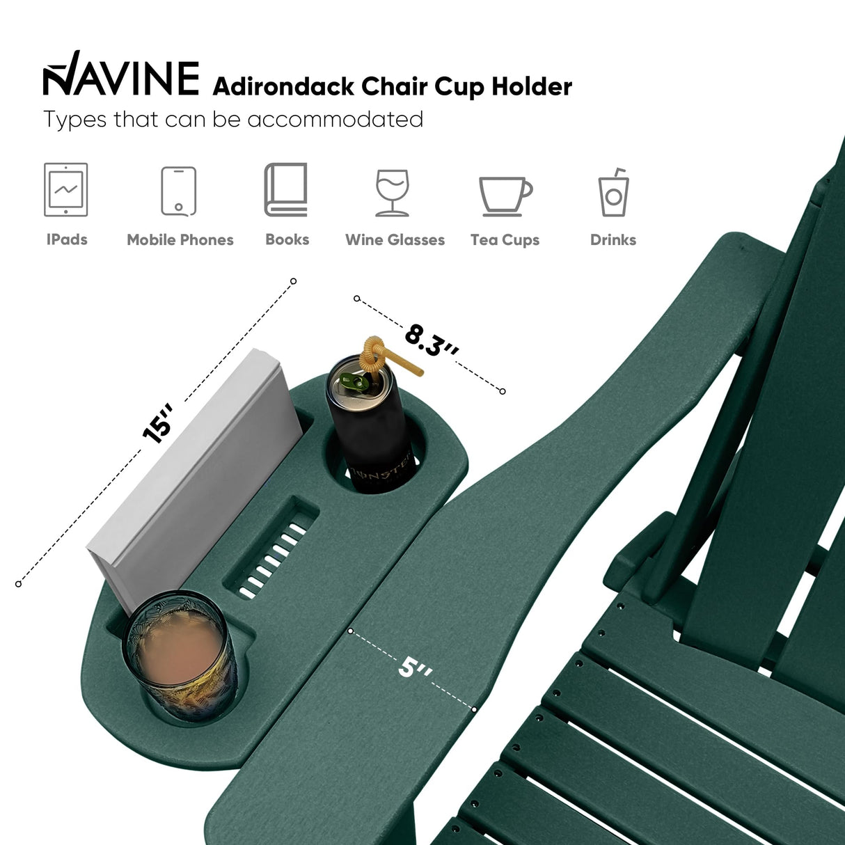 NAVINE Adirondack Chair Set of 4, HDPE Folding Adirondack Chair with Multifunctional Cup Holder, Weather Resistant Fire Pit Chair for porches, patios, poolsides, Decks. NAVINE