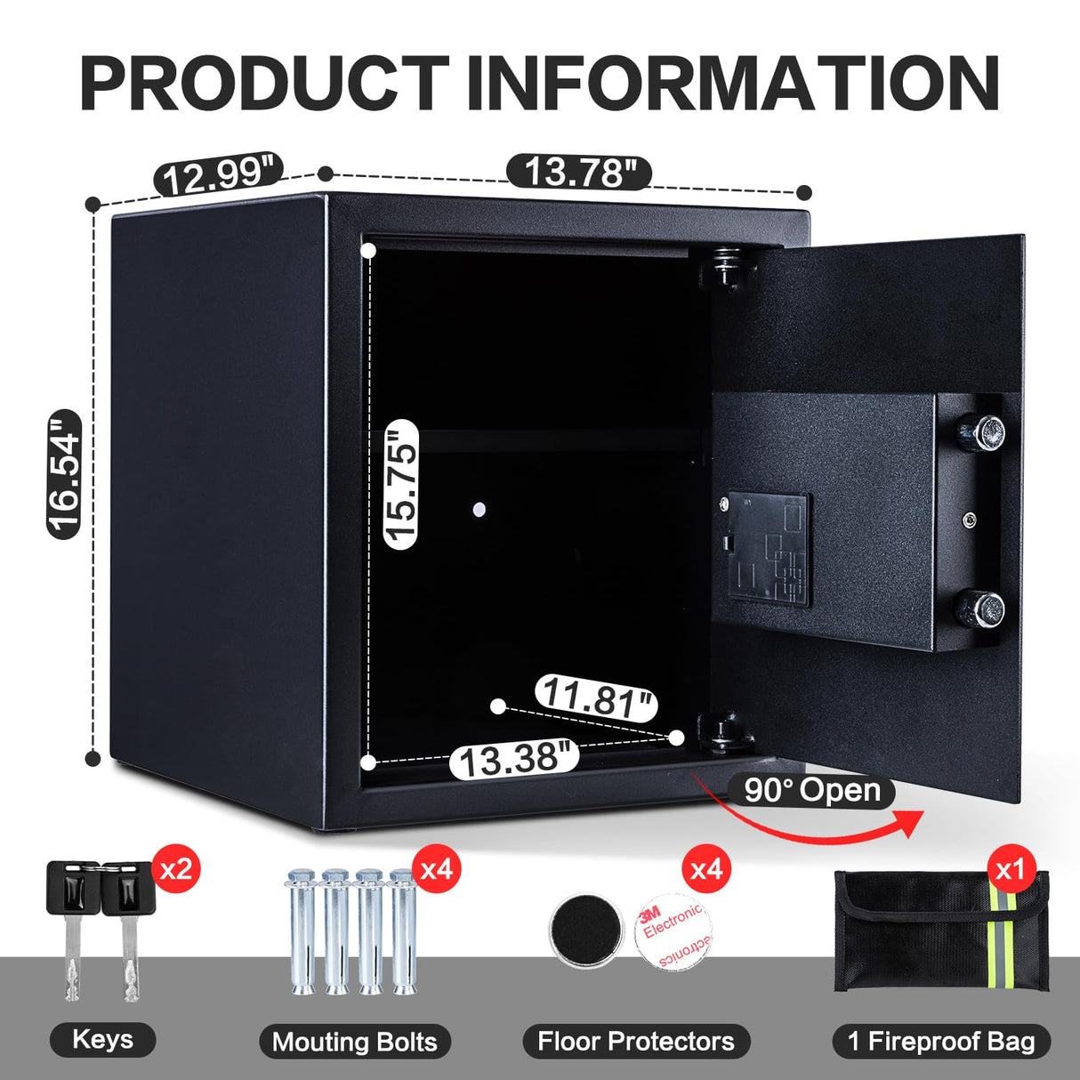 Safe Box, 1.7 Cubic Feet Home Safe, Electronic Digital Keypad, Alarm System, W/Fireproof Bag, Removable Shelf, Money Box for Money Documents, Home Use,13.78"D x 12.99"W x 16.54"H Locksworth