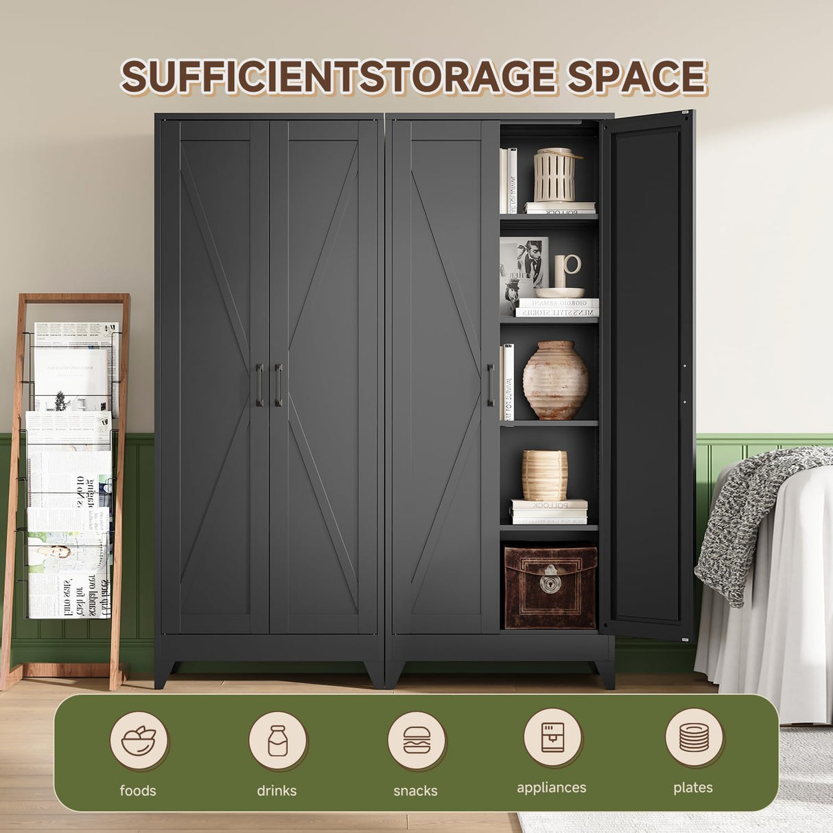 Letaya Storage Cabinet,75" H Metal Kitchen Pantry Cabinets with Doors and Adjustable Shelves,Pantry Organizers for for Cupboard/Dining/Bathroom/Office/Garage Room,Black Letaya