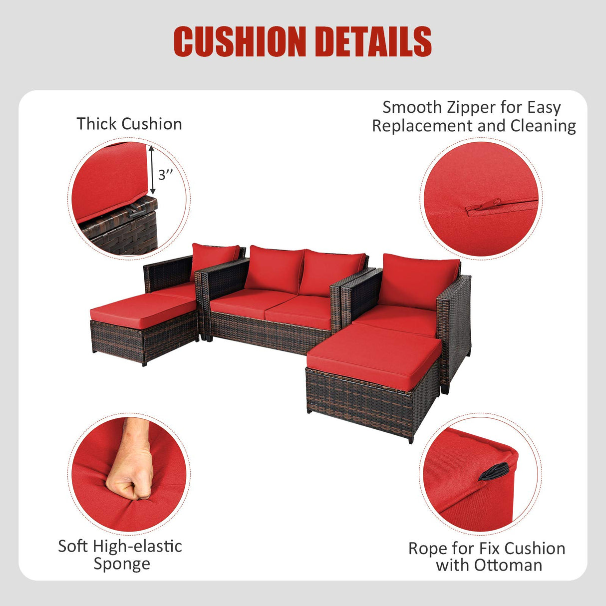 Tangkula 5 Pieces Patio Furniture Set, Outdoor Rattan Sofa Set w/Removable Cushions, Wicker Loveseat w/Single Sofa and Ottoman, Sectional Sofa Conversation Set for Backyard, Garden, Poolside (Red) Tangkula