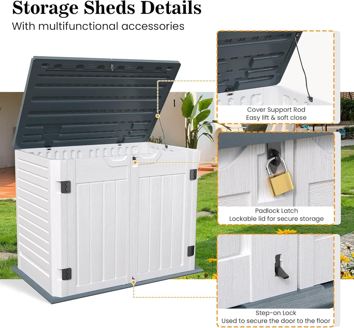 UDPATIO Outdoor Storage Cabinet 35 Cu Ft, Resin Horizontal Outdoor Trash Can Storage Box Lockable Shed 4 x 2 ft for Garbage, Garden Tools, Lawn Mowers UDPATIO