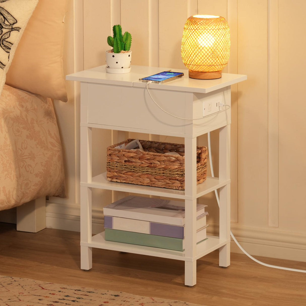 HOOBRO End Table with Charging Station, Flip Top Side Table with USB Ports, Narrow Nightstand Bedside Tables with Storage Shelves, for Small Space, Living Room, White WT141UBZ01 HOOBRO