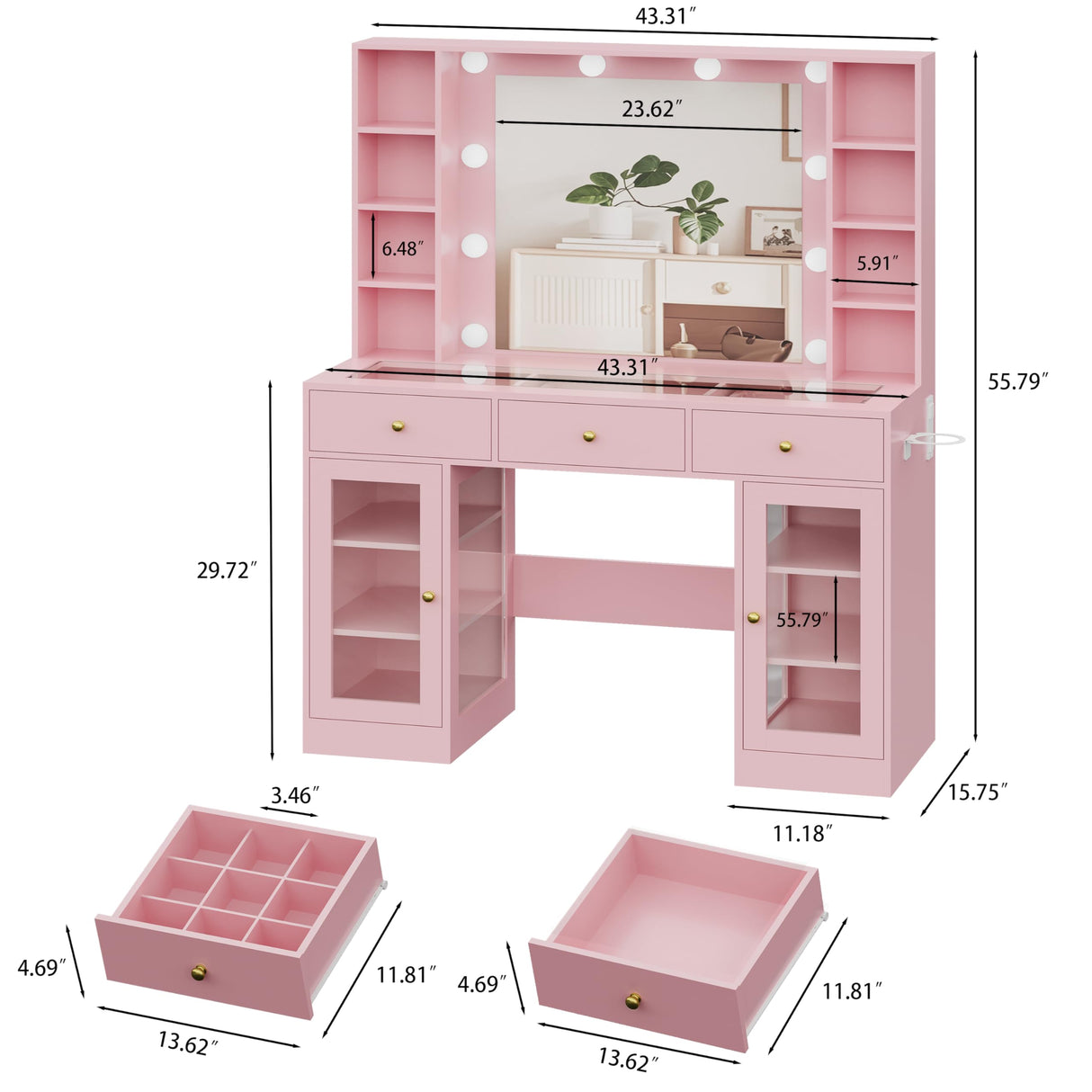 HUANLEGO Pink Vanity Desk with Mirror and Lights, Glass Top Vanity with Lighted Mirror & RGB Glass Cabinet and 3 Drawers, Makeup Vanity Desk with Lights Dressing Table for Bedroom, 3 Color Modes HUANLEGO