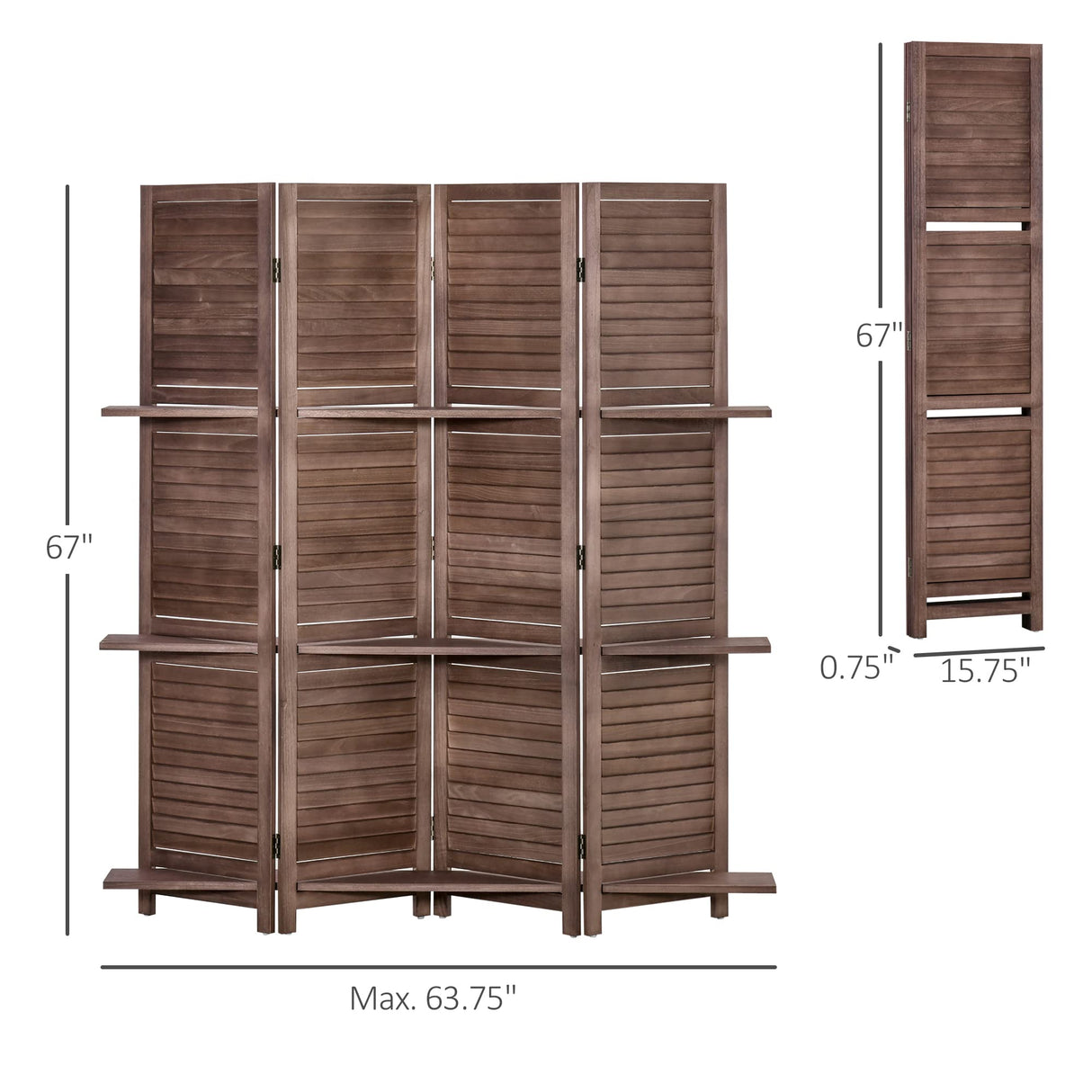 HOMCOM Room Divider, 4 Panel 67" Tall Wood Privacy Screen with 3 Display Shelves, and Folding Storage for Bedroom or Home Office, Walnut HOMCOM
