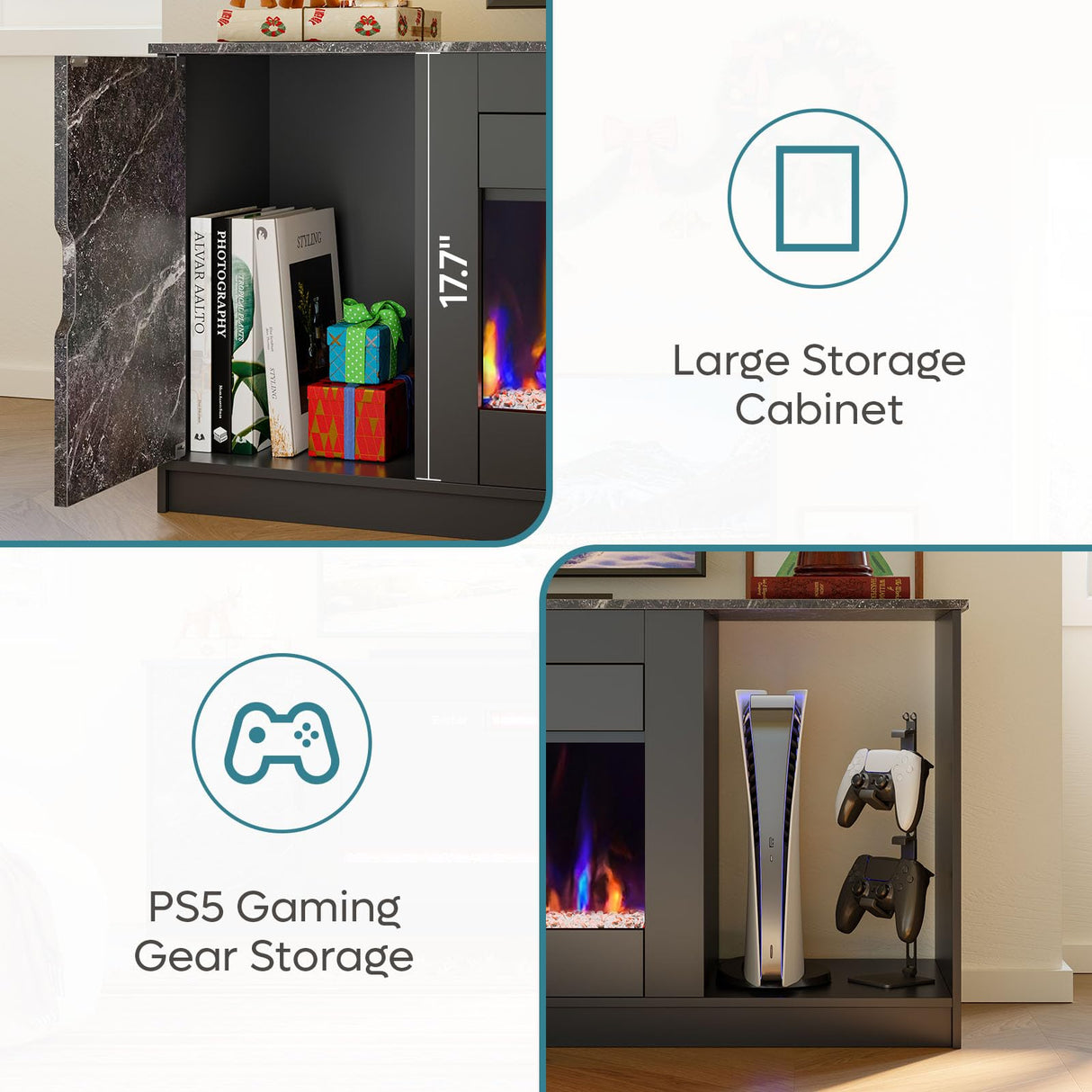 Bestier 70" Fireplace TV Stand for 80" TV with Storage Cabinet, Modern PS5 Entertainment Center with 36" Electric Fireplace, Open Storage Shelve for Living Room Black Marble Bestier