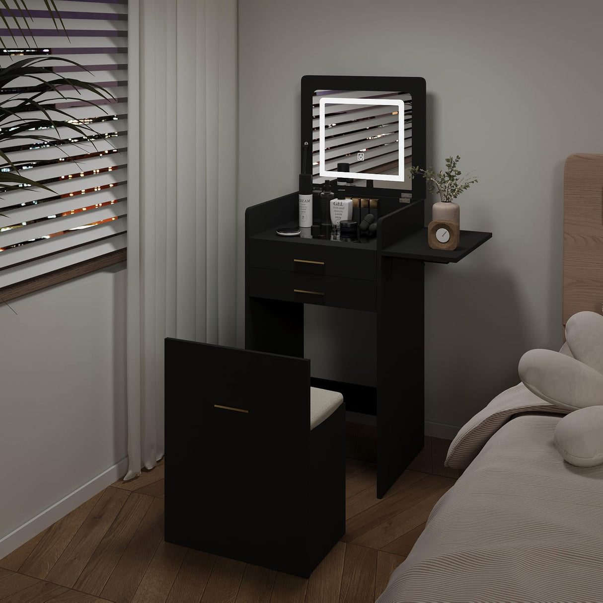 ARTETHYS Small Vanity Desk Set with Flip-top Mirror and Lights Black Integrated 3 in 1 Makeup Table for Small Space Compact Mini Dressing Table with Fold-up Panel and Storage Chair for Bedroom ARTETHYS