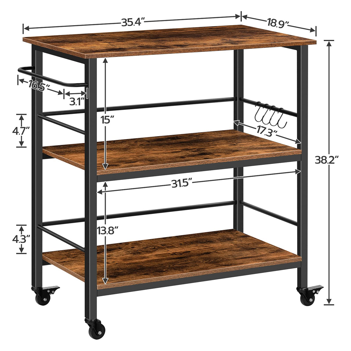 HOOBRO Kitchen Island with Storage,Industrial Kitchen Counter with Hooks and Side Enclosures, 3 Tier Kitchen Cart with Large Workstation, Saving Space, Easy Assembly, Rustic Brown and Black BF03ZD01 HOOBRO