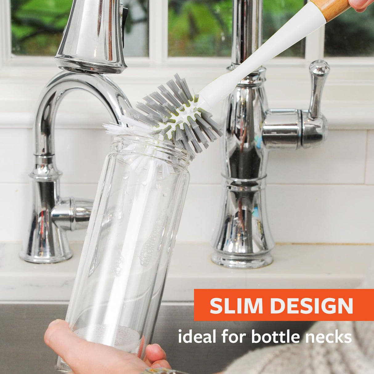 Full Circle Clean Reach Bottle Brush with Replaceable Bristle Brush Head, Bamboo Handle, White Full Circle