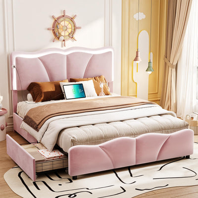 FORABAMB Full Size Bed Frame with 4 Drawers, Upholstered LED Bed Frame with Adjustable Flowers Headboard, Platform Bed Frame Full Size with Wooden Slats Support, No Box Spring Needed, Pink