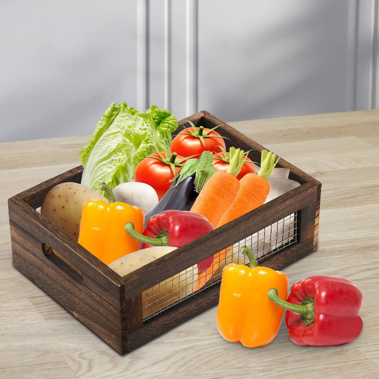 Dicunoy Set of 2 Rustic Nesting Boxes, Wooden Organizer Crates Basket, Small Decorative Wood Wire Containers with Handle for Countertop, Fruit, Veggies, Kitchen, Bathroom, Pantry Storage, Gift Basket Dicunoy