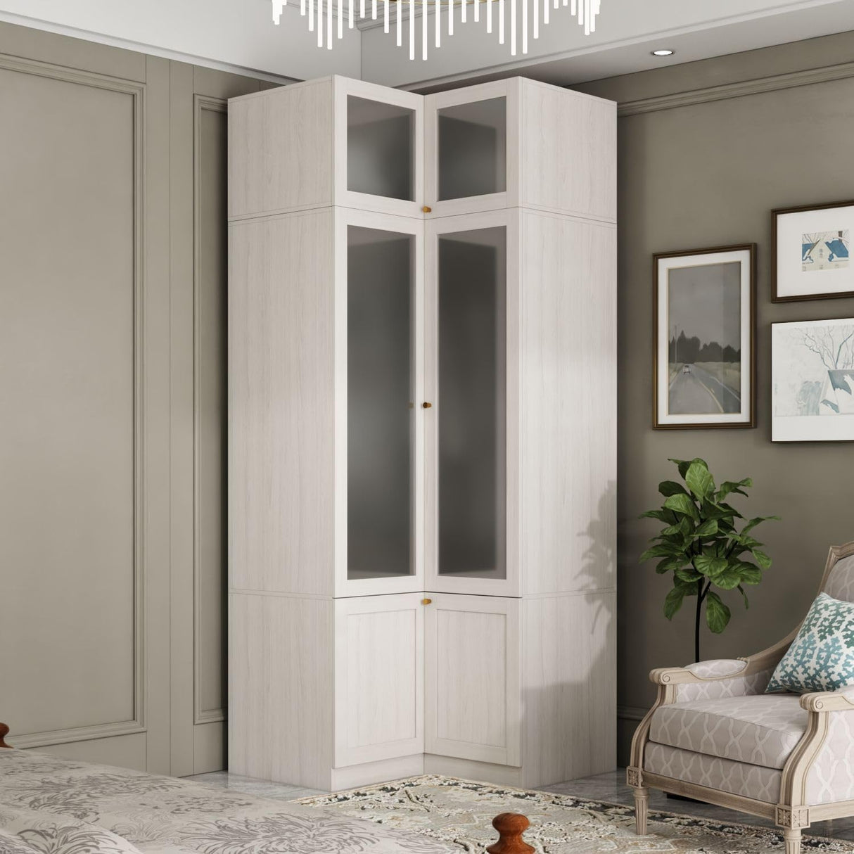 TAMUNE L-Shape Wardrobe Armoire Closet with Hanging Rod & Shelf, Bedroom Armoire with Frosted Glass Doors, Top Cabinets & Gold Knobs, Wood Grain, 35.4”D x 35.4”W x 86.6”H TAMUNE