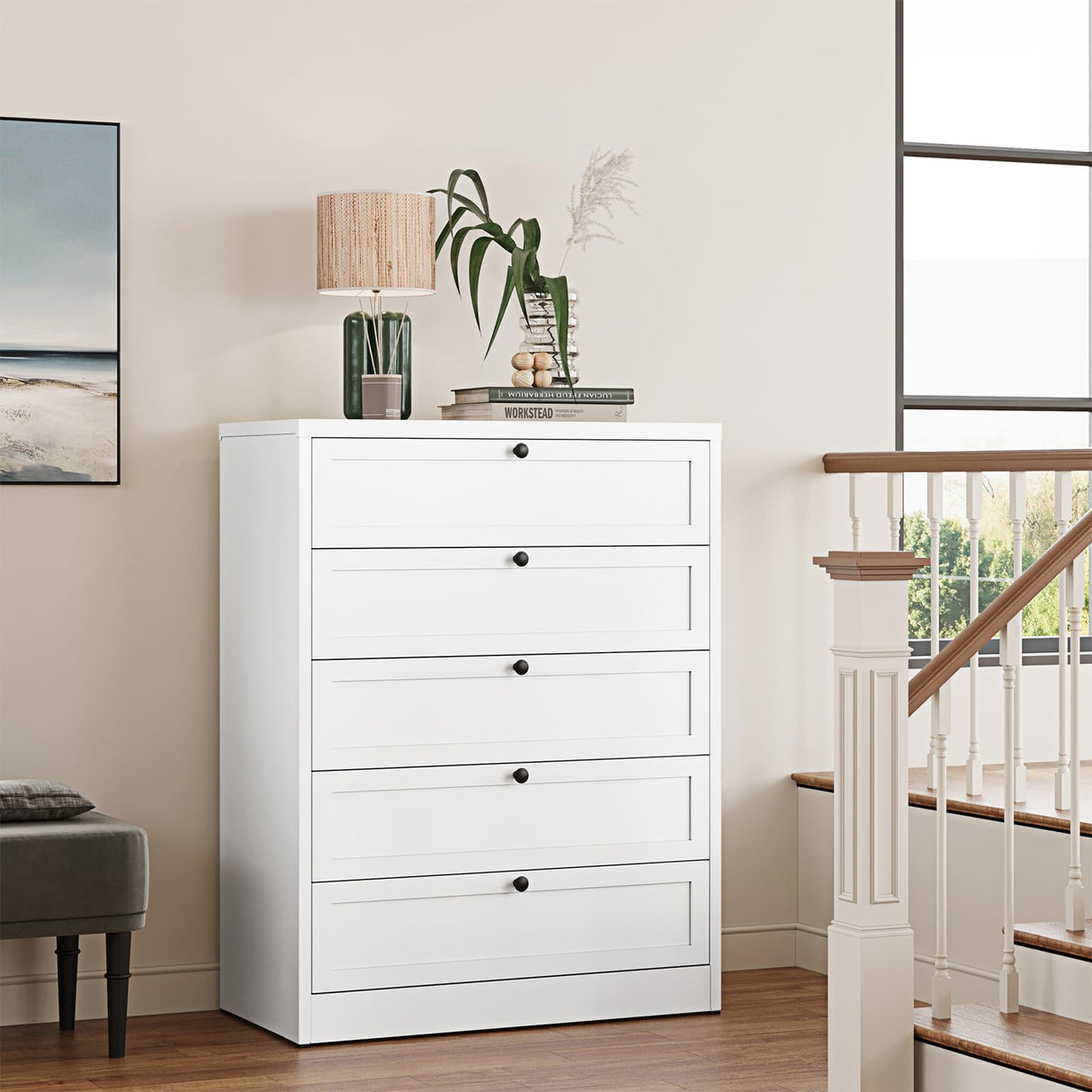 Letaya 5 Drawer Dresser for Bedroom, Metal Chest of Drawers Tall White Closet Organizers and Storage Clothes, Accent Storage Cabinet for Living Room, Entryway, Hallway, White Letaya