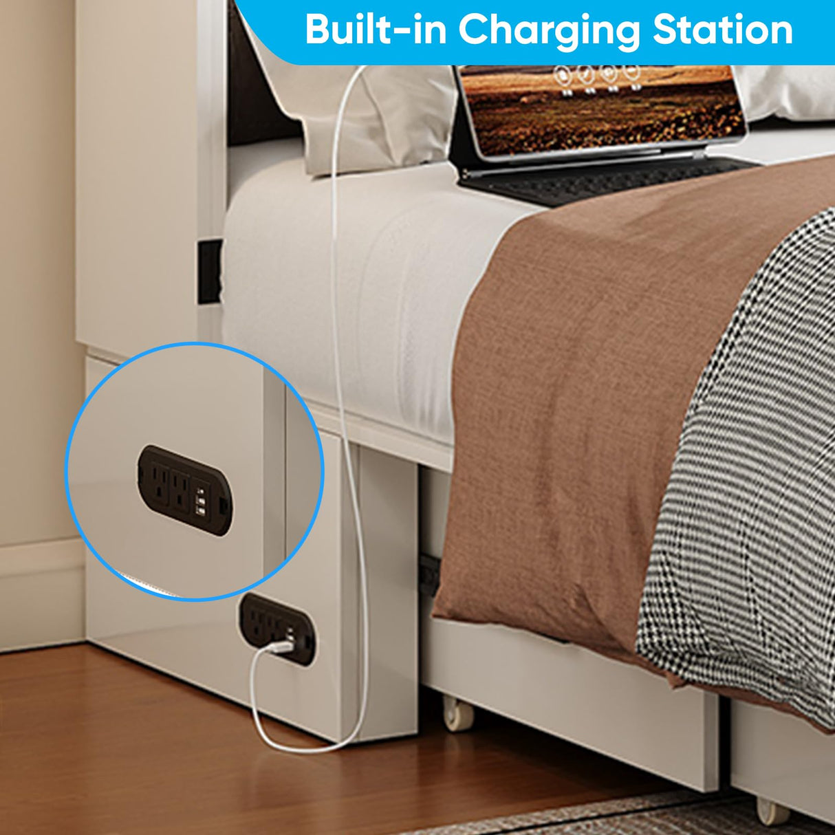 Mjkone 57.5" Width Full Size Cabinet Murphy Bed with Charging Station, Mattress Included, Storage Murphy Bed Chest Wall Cabinets Beds with Foldable Panel for Guest Small Spaces, Home Offices, White Mjkone