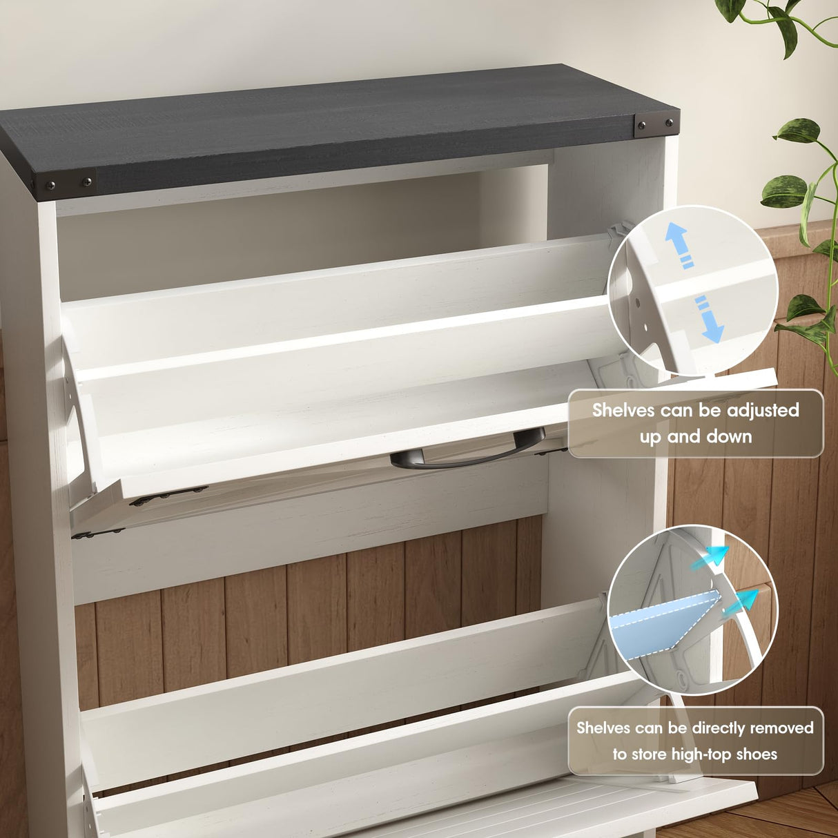 Maupvit 24" W Farmhouse Shoe Cabinet Storage for Entryway, Freestanding Organizer with 2 Flip Drawers, Narrow Shoe Rack Cabinet with Metal Corner Decoration, White Maupvit