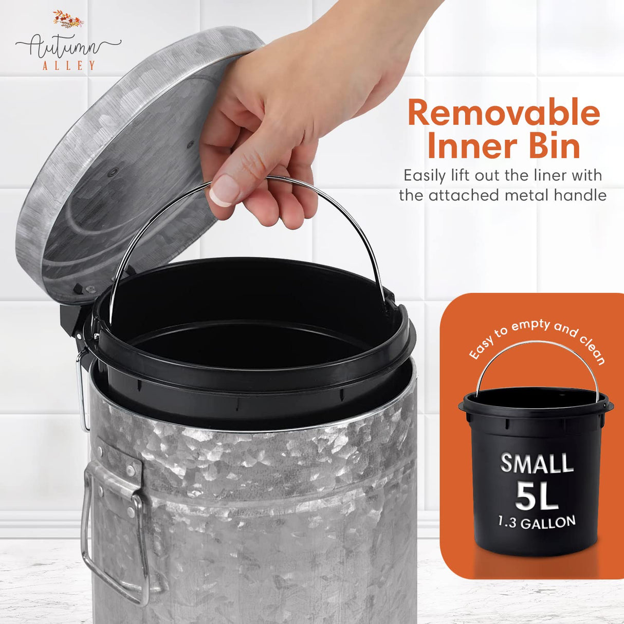 Autumn Alley Rustic Farmhouse Bathroom Trash Can - Pet Proof Galvanized Trash Can with Soft-Close Lid and Pedal for Rustic Bathroom Accessories, Kitchen Waste Basket, Country Home Décor, 5L, 1.3 Gal. Autumn Alley