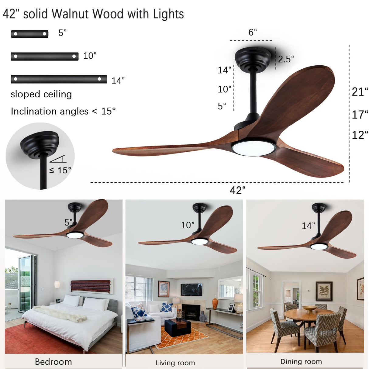 dearnow 42”Ceiling Fan with Light and Remote Control, Lighted Wooden Ceiling Fan Noiseless Reversible DC Motor with 3 Blades for Farmhouse, Living Room, Office, Indoor Outdoor (Black + Walnut) dearnow