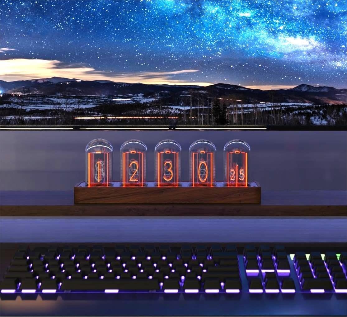 ClocTeck Nixie Tube Clock with Wi-Fi SYNC, Alarm & Timer, 12/24H Display, No Assembly Required - A Retro Gift for Friends (Wood Grain) ClocTeck