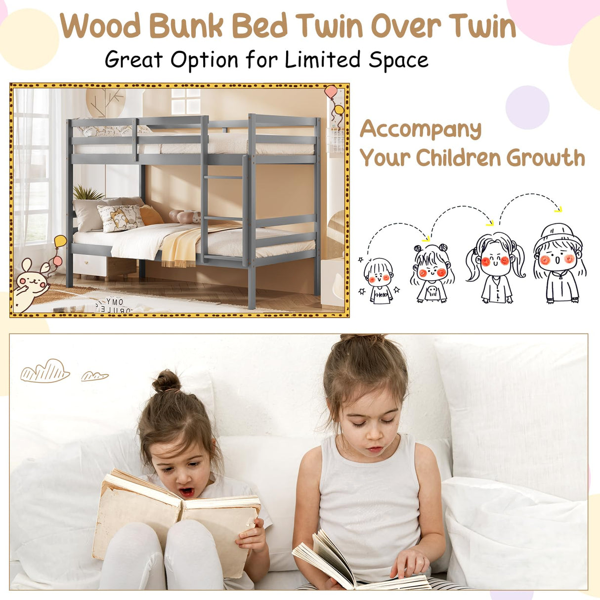KOMFOTT Wood Bunk Bed Twin Over Twin, Bunk Bed with Ladder & Safety Guardrail, Solid Wood Bed Frame, Ideal for Dormitory & Multiple-Child Family, No Box Spring Needed, Kids Bunk Bed KOMFOTT