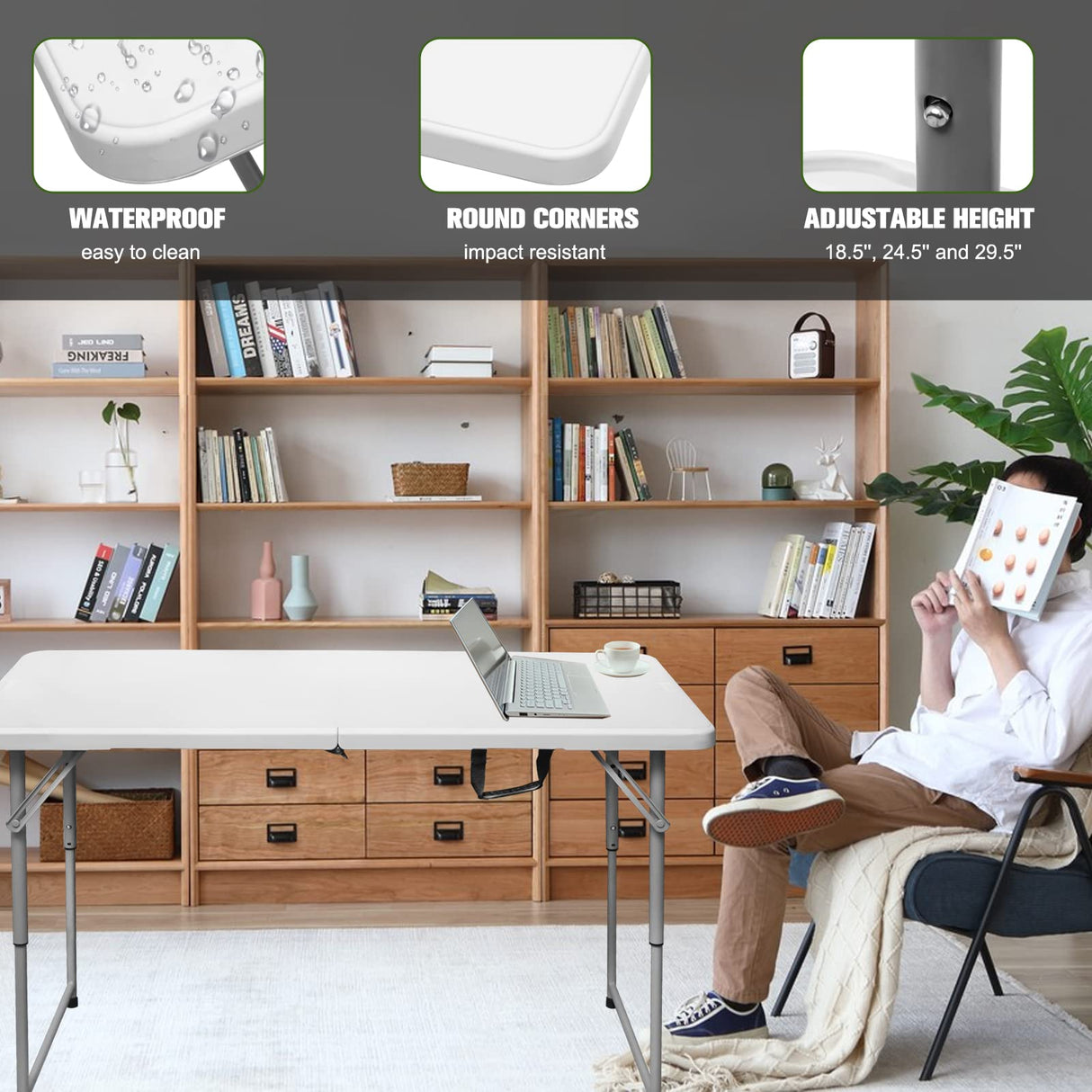 Byliable Folding Table 4 Foot Portable Heavy Duty Plastic Fold-in-Half Utility Table Small Indoor Outdoor Adjustable Height Folding Table with Carrying Handle, Camping and Party,White Byliable