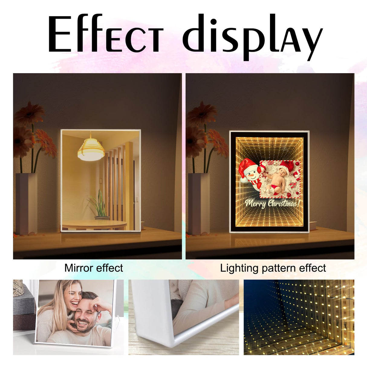 Custom Photo Infinity Mirror, Personalized Photo Frame Gifts for Friends, Couples, Family, Desktop LED Night Light Makeup Mirror 2 in 1, Home Decoration Bedroom Office Living Room LINMQIU